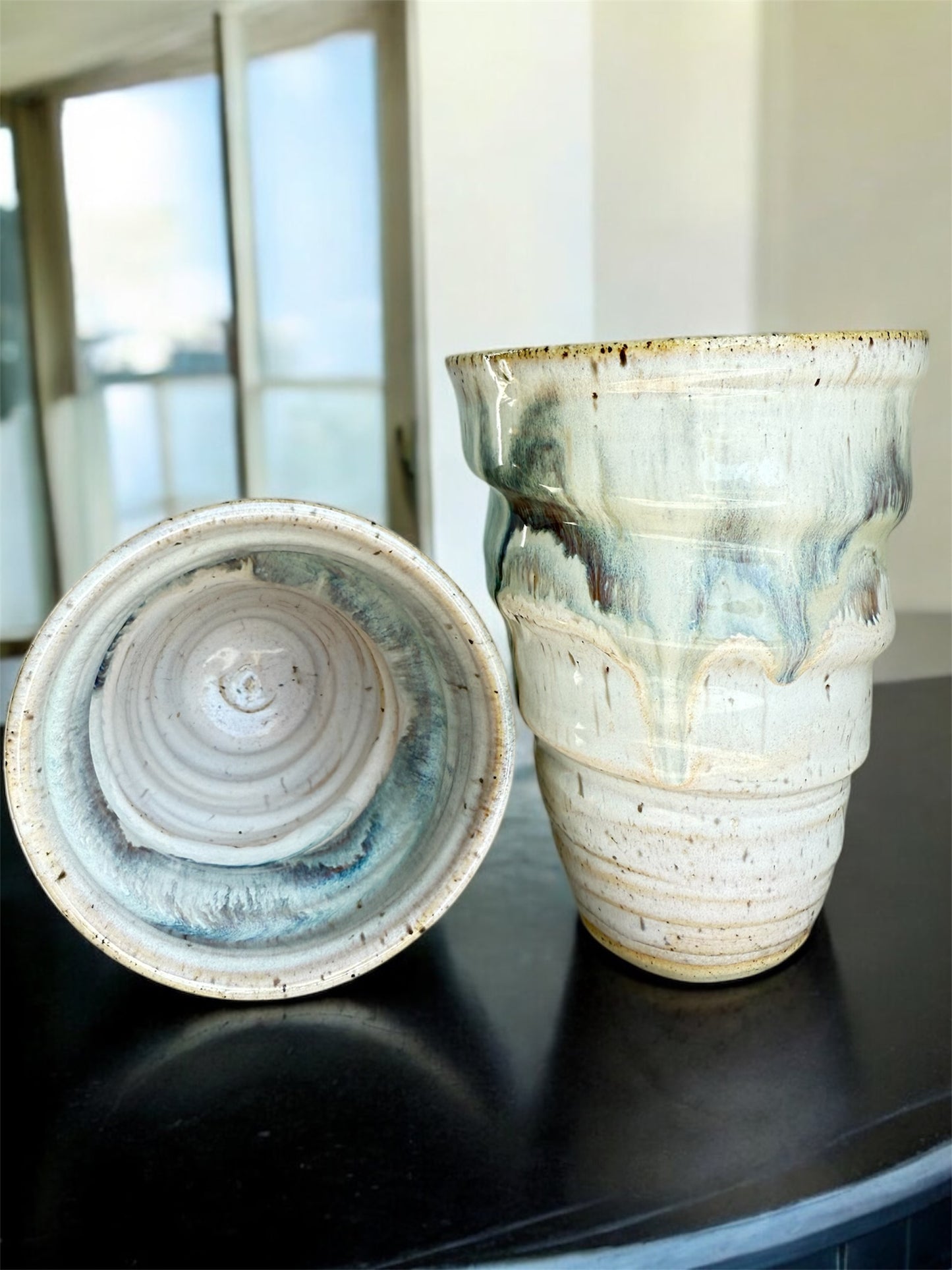 Teal & Cream Wheel-Thrown Spiral Tumbler