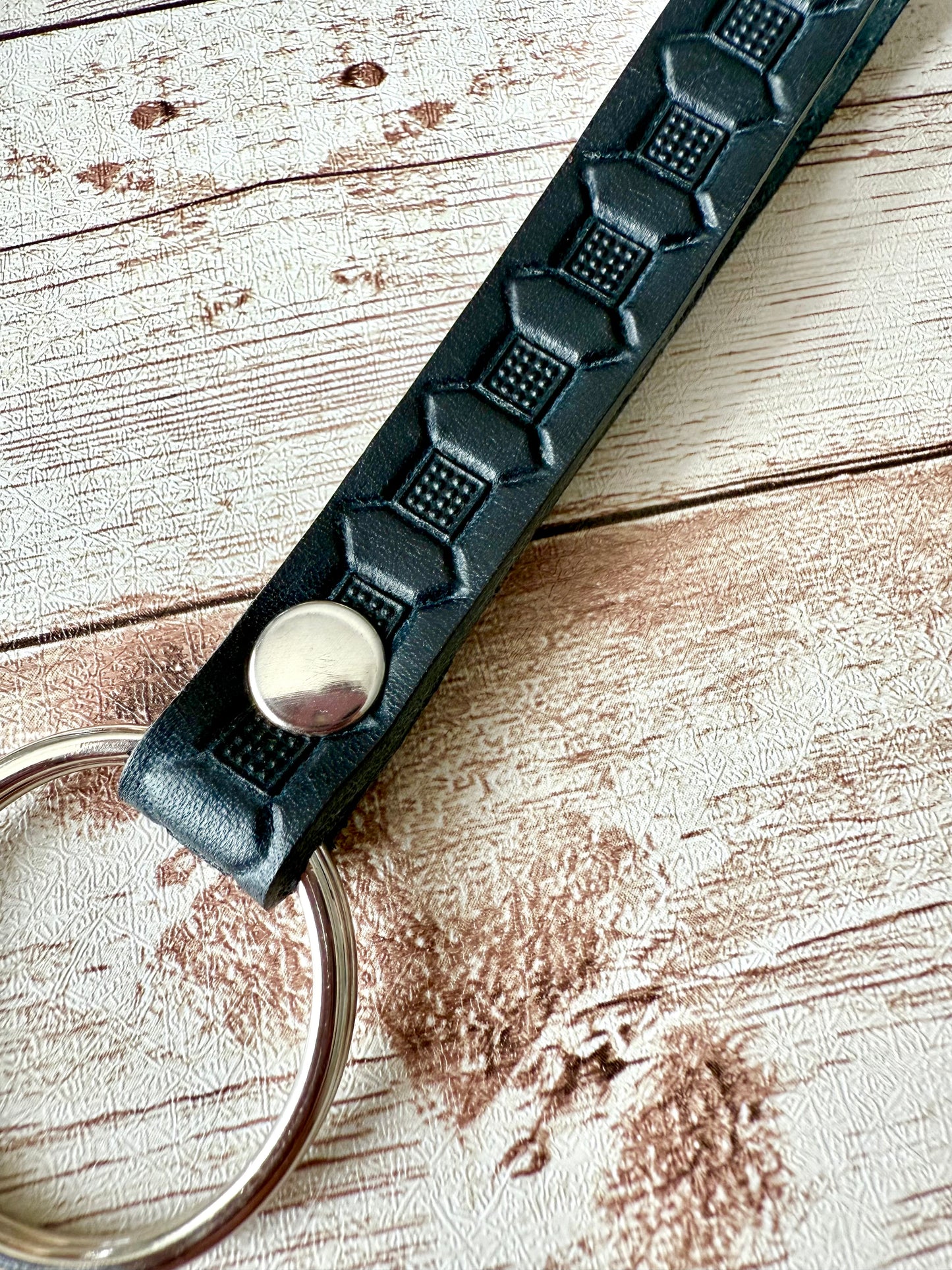 Leather Keychain - Hand-Stamped Navy with Stainless Steel