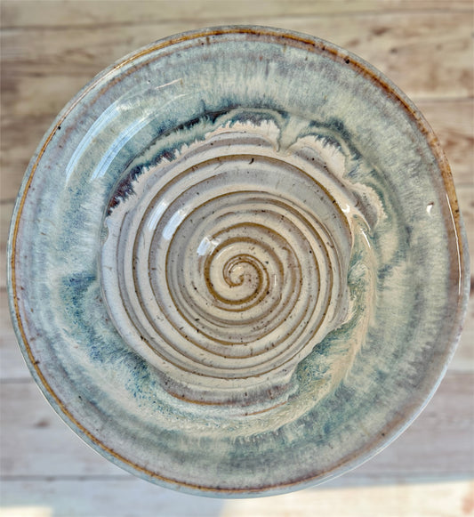 Teal & White Spiral Wheel-Thrown Bowl