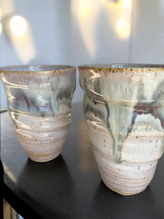 Teal & Cream Wheel-Thrown Spiral Tumbler